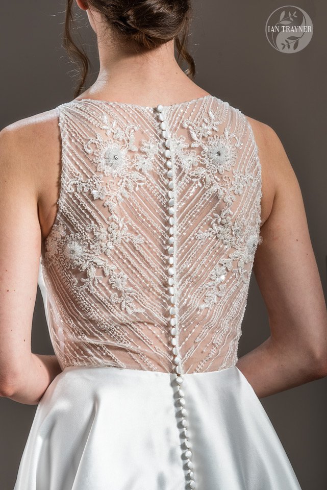 "Flora" bridal gown by Shamali, from her "Divine" collection 2021. Detail. Photo by Ian Trayner