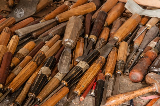 Wood carving chisels in Ross Fuller's workshop