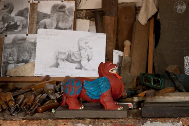 Chinese "lion" (unfinished) in Ross Fuller's workshop